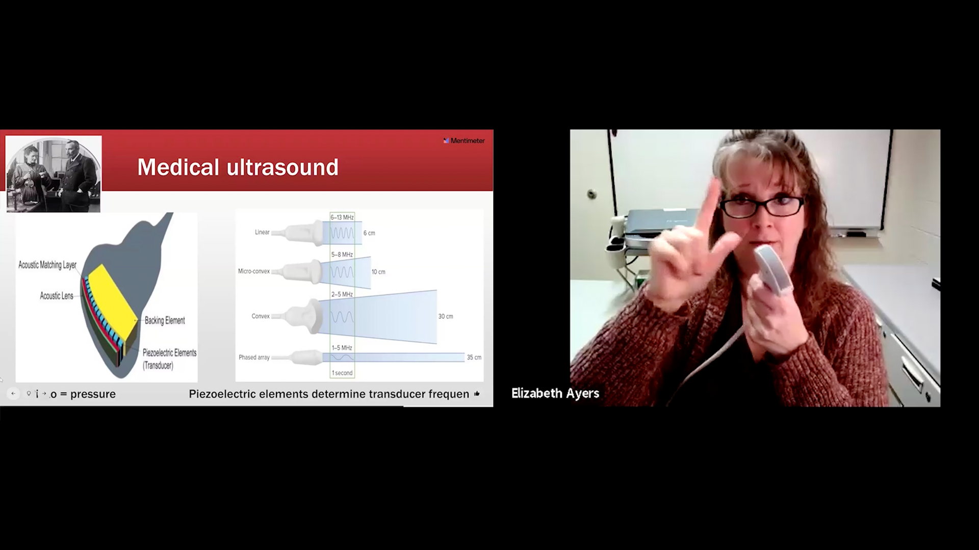 Elizabeth Ayers is presenting on Medical Ultrasound via a video conference, holding an ultrasound transducer while gesturing with her free hand. A slide in the background illustrates the internal components of a transducer, like the piezoelectric elements, and shows four types of transducers (Linear, Micro-convex, Convex, and Phased array) with their respective frequency ranges and depths of penetration.