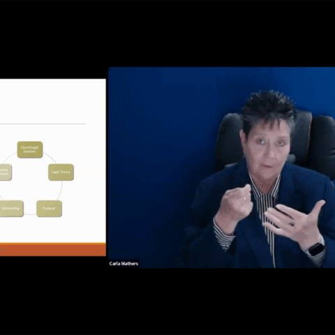 The slide shows a diagram of "Legal Interpreting Competency Domains" with a cycle connecting "Court/Legal System," "Legal Theory," "Protocol," "Interpreting," and "Professional Development." A woman with short dark hair and a navy suit jacket is signing, looking at the camera.