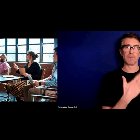 The screenshot shows a presentation slide titled "BOUNDARY RISKS AND PARTICIPANT REFLECTIONS" next to a presenter signing in front of a blue background. The slide covers common boundary risks, the importance of pre-documentation, and the need for reflective practice in interpreting. The image of the presenter, Christopher Tester, PhD, is labeled below the video frame.