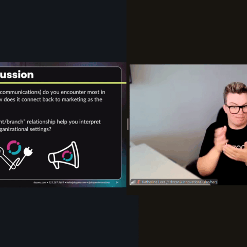 This image captures a video call featuring a discussion slide and a presenter. The slide is titled "Questions + Discussion" and poses two questions about marketing branches and the "parent/branch" relationship in interpreting. The right side features Katherine Lee who is signing.