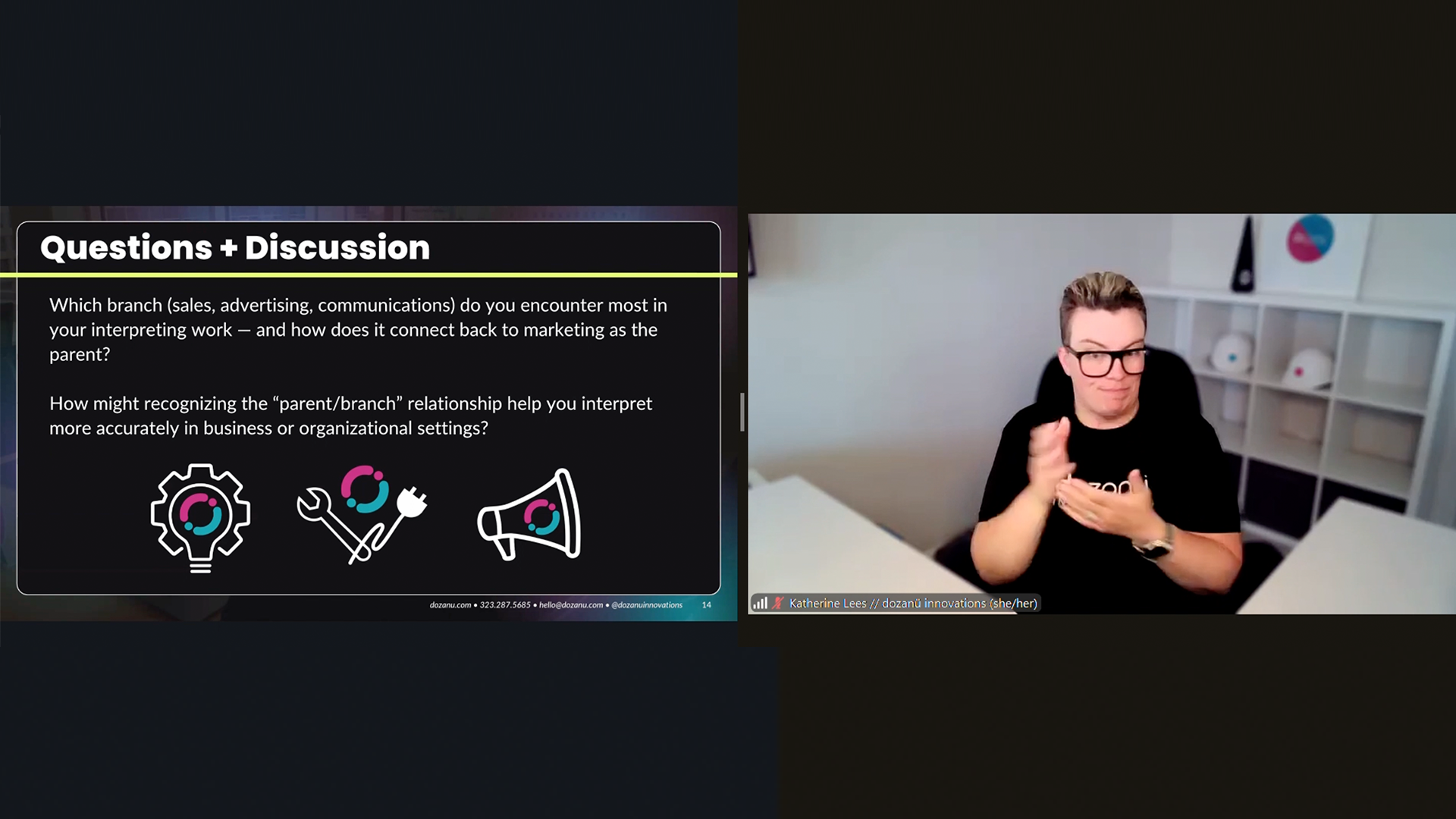 This image captures a video call featuring a discussion slide and a presenter. The slide is titled "Questions + Discussion" and poses two questions about marketing branches and the "parent/branch" relationship in interpreting. The right side features Katherine Lee who is signing.