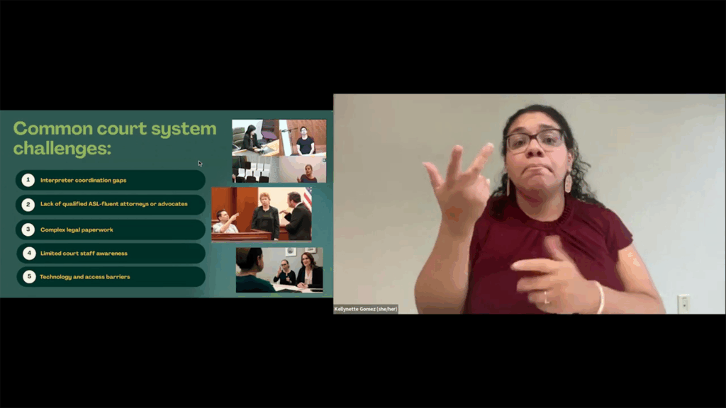 A slide titled "Common court system challenges" lists five points, including "Interpreter coordination gaps" and "Limited court staff awareness." On the right, a woman wearing glasses and a maroon top is signing, looking directly toward the camera.