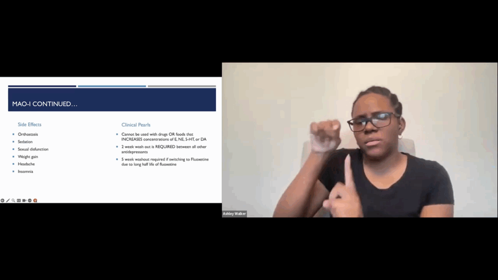 A split-screen presentation shows a slide titled "MAO-I CONTINUED..." on the left, listing side effects like orthostasis and sedation alongside clinical pearls regarding medication wash-out periods. On the right, presenter Dr. Ashley Walker is pictured in a black t-shirt and glasses.