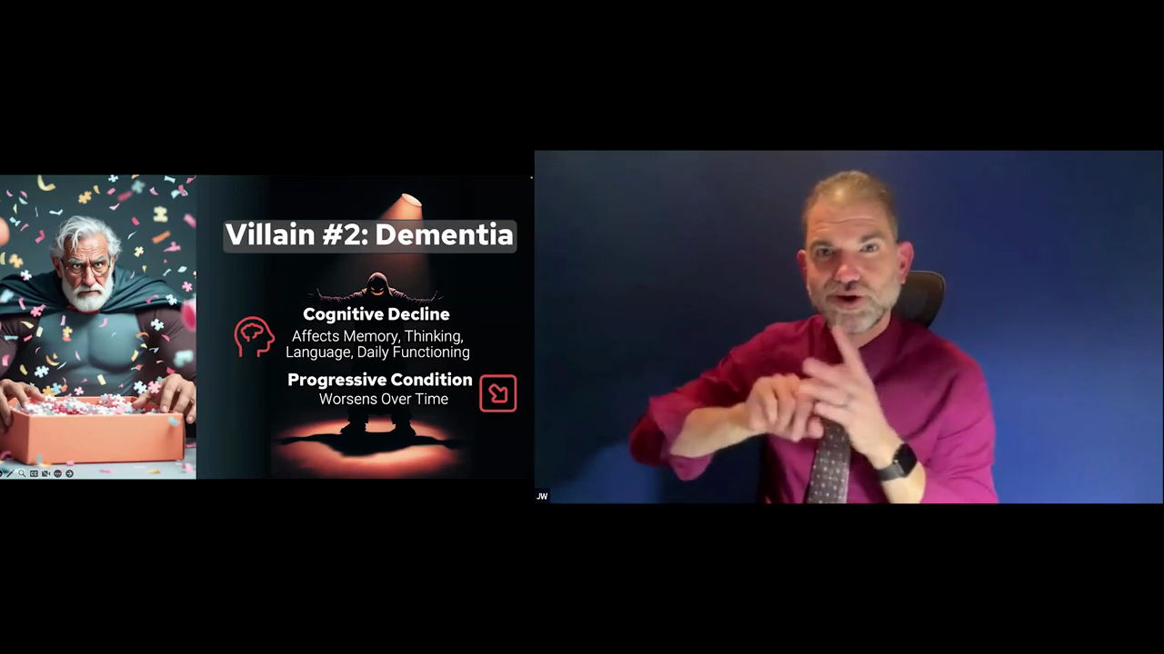 A split-screen presentation shows Dr. Jaime Wilson in a maroon shirt and tie presenting next to a slide titled "Villain #2: Dementia." The slide includes an illustration of an older man with a puzzle and text describing dementia as a progressive cognitive decline affecting memory, thinking, and daily functioning.