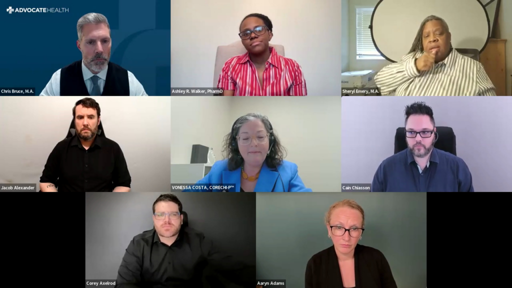 A screenshot of a virtual panel discussion shows eight participants arranged in a grid layout against various office or solid backgrounds. The group features moderator Corey Axelrod, panelists Chris Bruce, Ashley R. Walker, Sheryl Emery (who is actively signing), and Vonessa Costa, alongside ASL/English interpreters Jacob Alexander, Cain Chiasson, and Aaryn Adams.