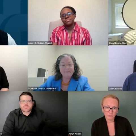 A screenshot of a virtual panel discussion shows eight participants arranged in a grid layout against various office or solid backgrounds. The group features moderator Corey Axelrod, panelists Chris Bruce, Ashley R. Walker, Sheryl Emery (who is actively signing), and Vonessa Costa, alongside ASL/English interpreters Jacob Alexander, Cain Chiasson, and Aaryn Adams.