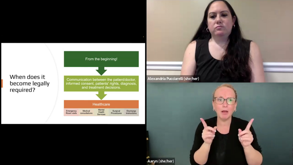 A split-screen webinar screenshot. The left side features a slide titled "When does it become legally required?" with a flowchart mapping healthcare communication from the beginning to specific services. The right side shows two stacked video feeds featuring presenters Alexandria Pucciarelli (she/her) at the top and Aaryn (she/her) at the bottom.