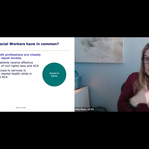 A split-screen screenshot of a virtual presentation titled "What do Interpreters and Social Workers have in common?" On the left, a presentation slide outlines a shared focus on access and equity. On the right, presenter Holly Rioux, LICSW, is signing using American Sign Language (ASL).